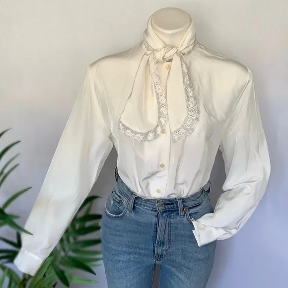 v i n t a g e :: Victorian Lace High Draped Neck Tie Blouse - Picture 3 of 11